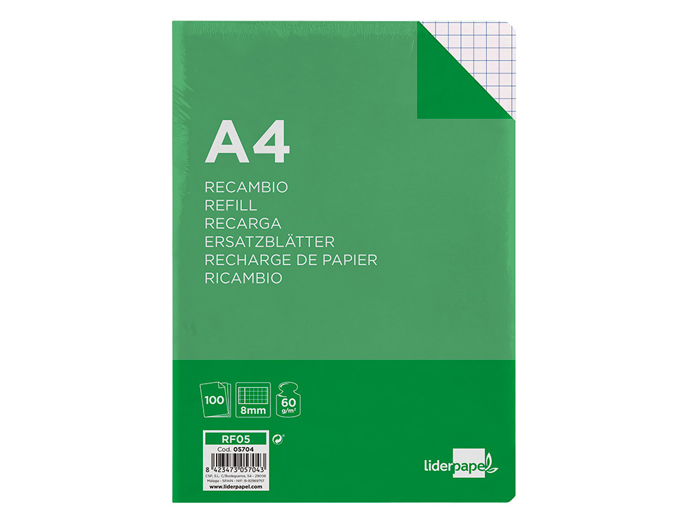 Recambio liderpapel din a4 100 hojas 60g/m2 cuadro 8mm con margen 4 taladros