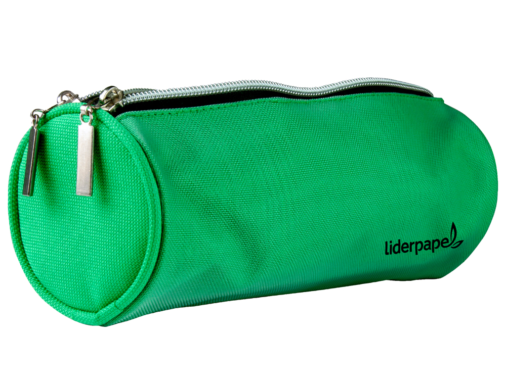 Bolso escolar liderpapel portatodo cilindrico con 2 cremalleras de nylon verde 205x75x75 mm