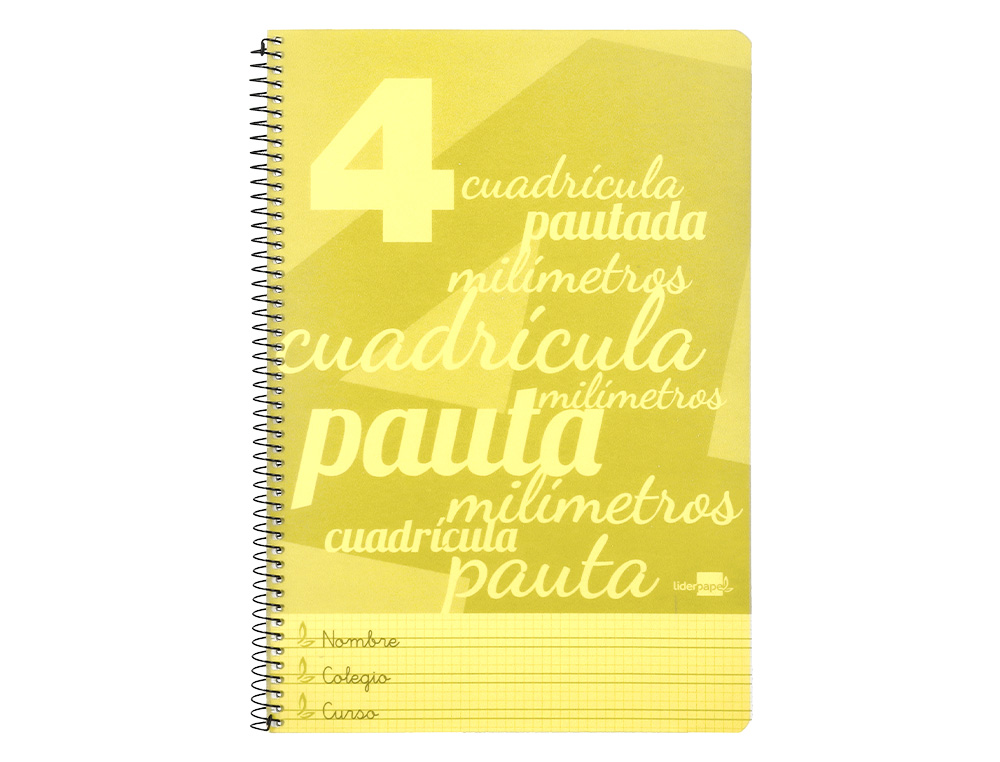 Cuaderno espiral liderpapel folio pautaguia tapa plastico 80h 75gr cuadro pautado 4mm con margen color amarillo