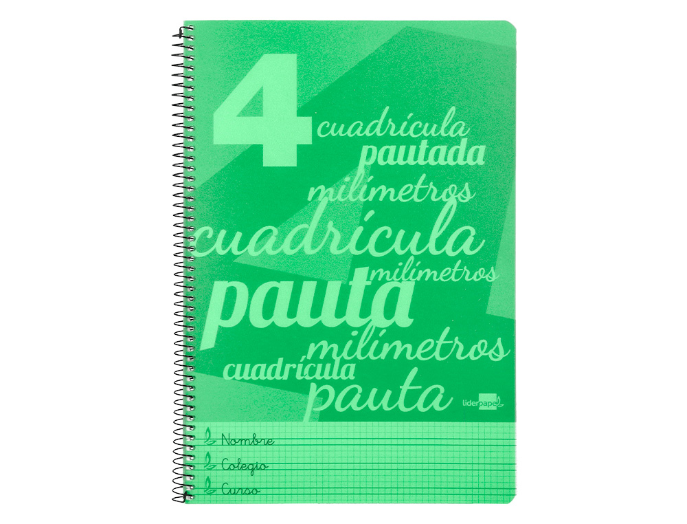 Cuaderno espiral liderpapel folio pautaguia tapa plastico 80h 75gr cuadro pautado 4mm con margen color verde