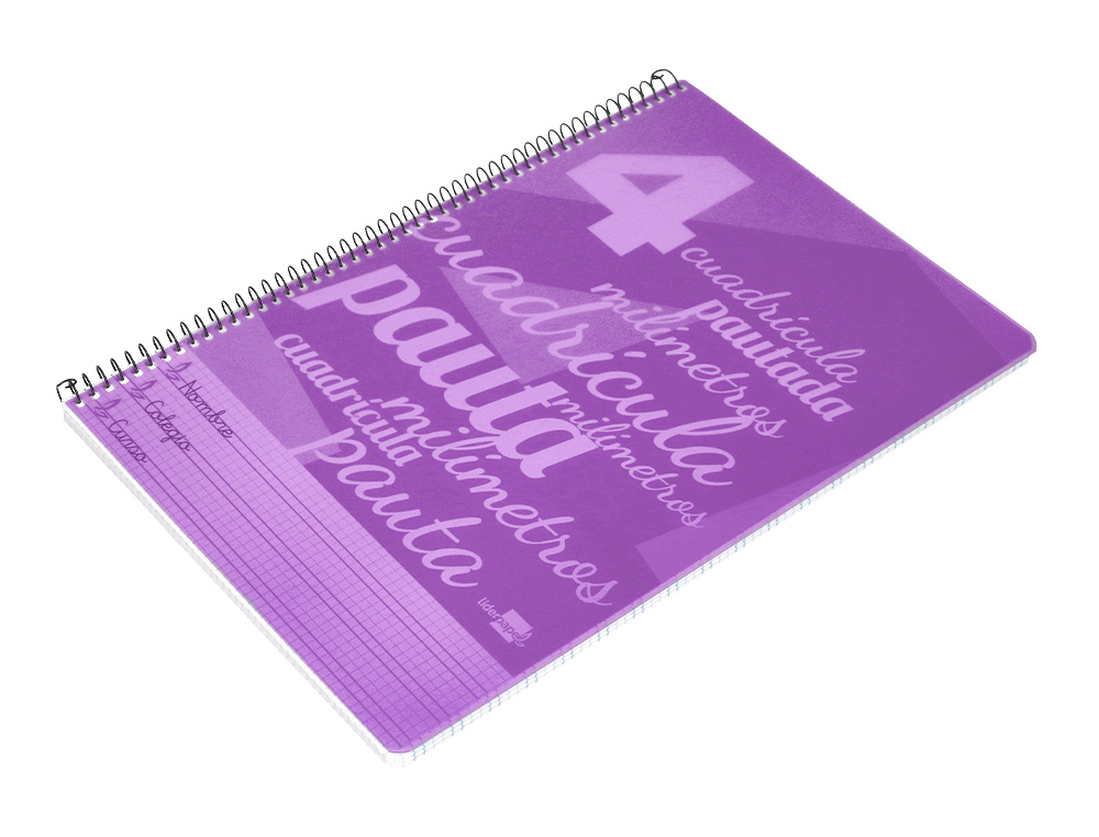 CUADERNO ESPIRAL LIDERPAPEL FOLIO PAUTAGUIA TAPA PLASTICO 80H 75GR CUADRO PAUTADO 4MM CON MARGEN COLOR VIOLETA