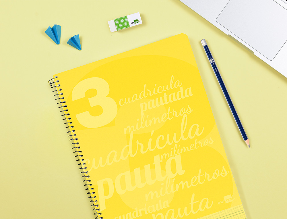 CUADERNO ESPIRAL LIDERPAPEL FOLIO PAUTAGUIA TAPA PLASTICO 80H 75GR CUADRO PAUTADO 3MM CON MARGEN COLOR AMARILLO