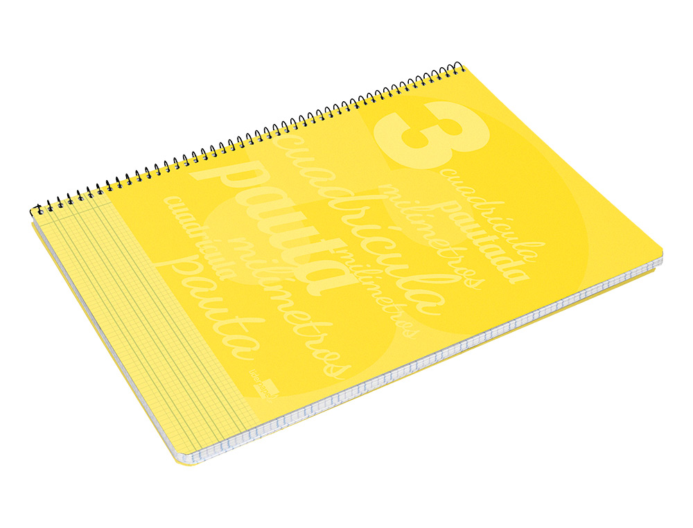 CUADERNO ESPIRAL LIDERPAPEL FOLIO PAUTAGUIA TAPA PLASTICO 80H 75GR CUADRO PAUTADO 3MM CON MARGEN COLOR AMARILLO