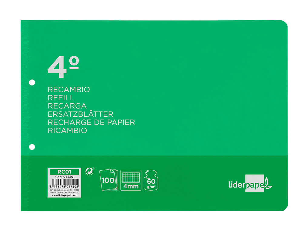 Recambio liderpapel cuarto apaisado 100 h 2tca-01 cuadro 4 mm 2 taladros con margen