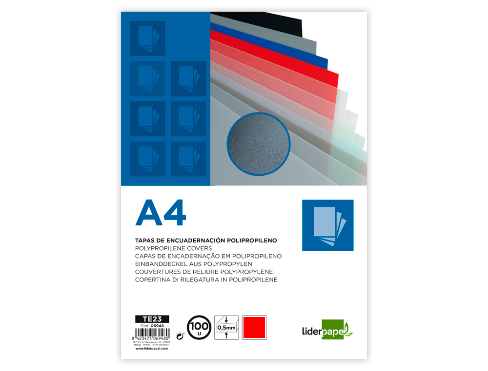 TAPA ENCUADERNACION LIDERPAPEL POLIPROPILENO A4 0.5MM ROJO OPACO PAQUETE DE 100 UNIDADES
