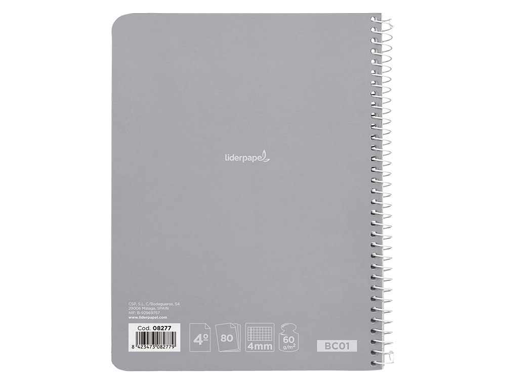 8423473517059-Cuaderno espiral liderpapel cuarto pautaguia tapa blanda 40h  75 gr cuadro pautado 4mm colores surtidos