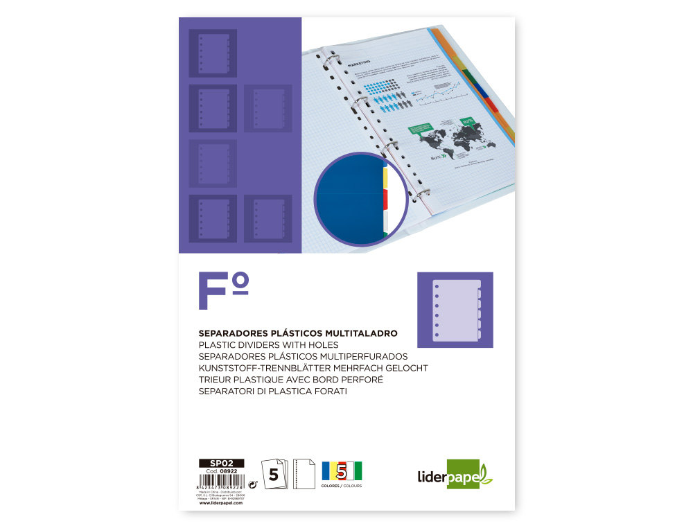 Separador liderpapel plastico juego de 5 separadores folio 16 taladros