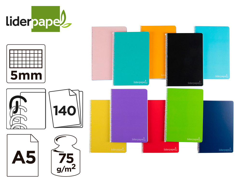 CUADERNO ESPIRAL LIDERPAPEL A5 MICRO WITTY TAPA DURA 140H 75GR CUADRO 5MM 5 BANDAS 6 TALADROS COLORES SURTIDOS