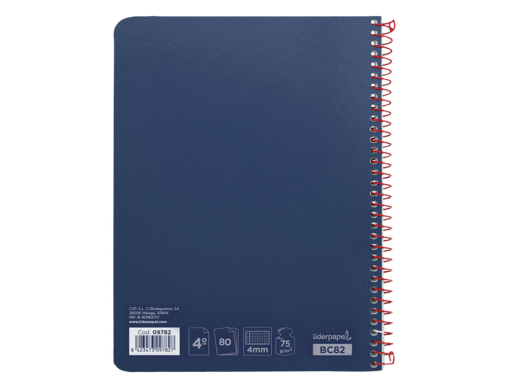 CUADERNO ESPIRAL LIDERPAPEL CUARTO WITTY TAPA DURA 80H 75GR CUADRO 4MM CON MARGEN COLOR AZUL MARINO