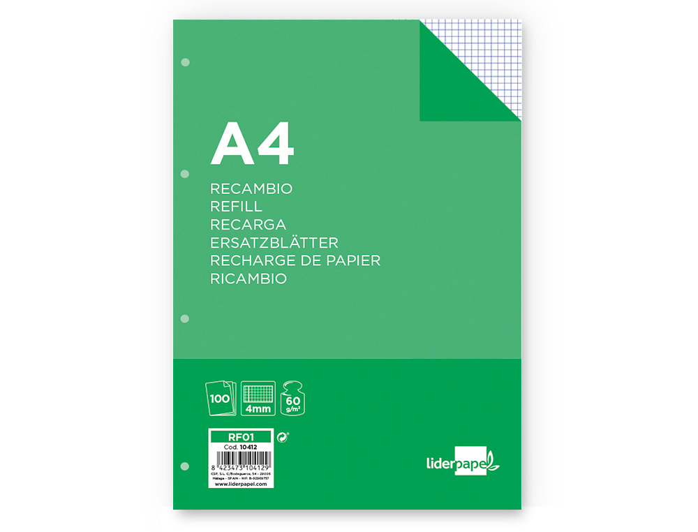 Recambio liderpapel a4 100 hojas 60g/m2 cuadro 4 mm con margen 4 taladros