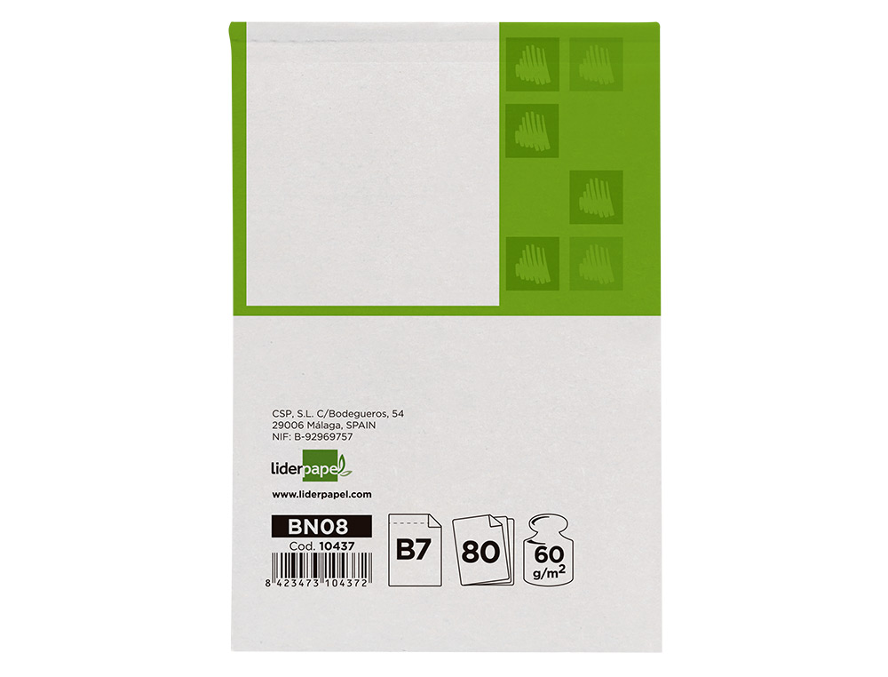 Bloc notas liderpapel liso b7 80 hojas 60g/m2 perforado