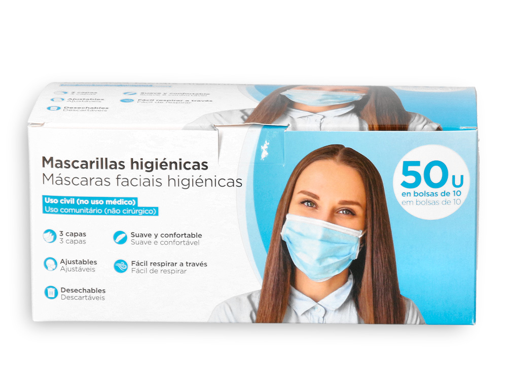 Mascarilla facial higienica desechable 3 capas con ajuste nasal filtracion 95% color azul