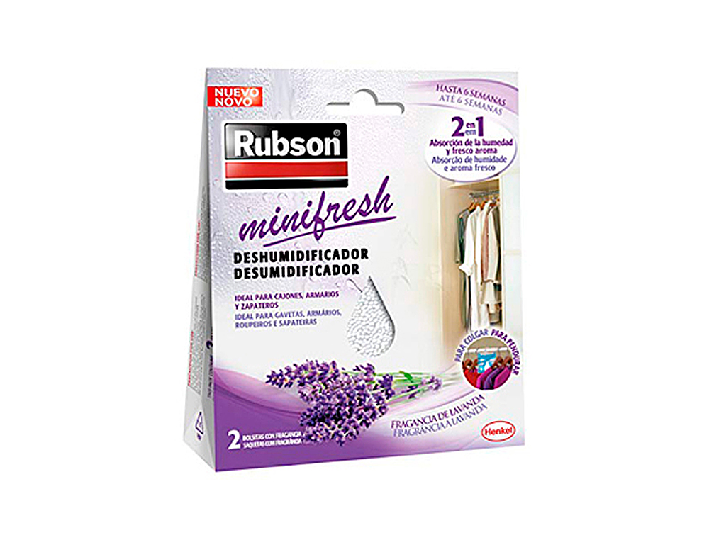 Deshumidificador rubson mini fresh lavanda accion 2 en 1 pack 2 bolsitas de 50 gr