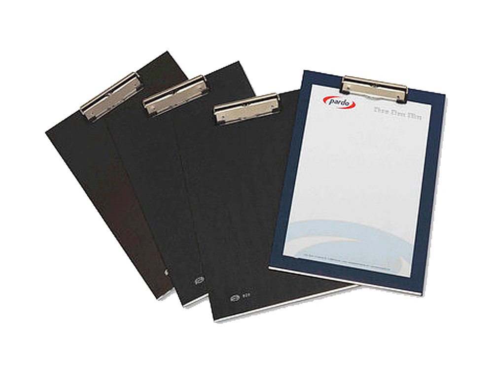 Portanotas pardo carton forrado pvc folio con pinza metalica azul