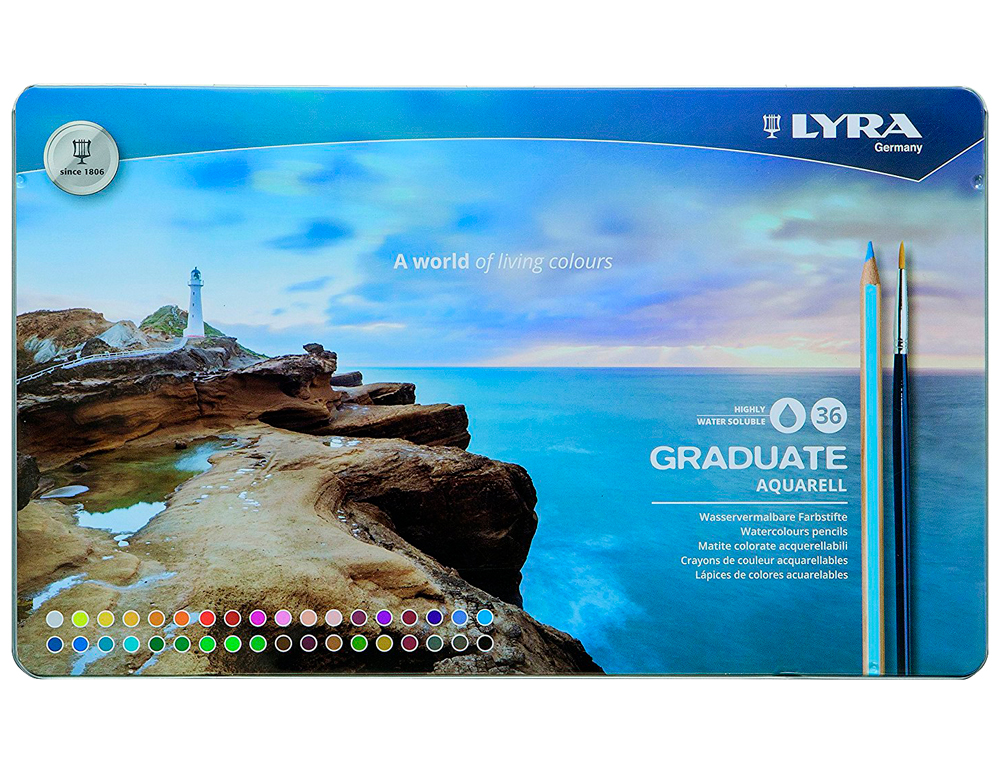 Lapices de colores lyra graduate aquarell caja metalica de 36 colores surtidos + pincel