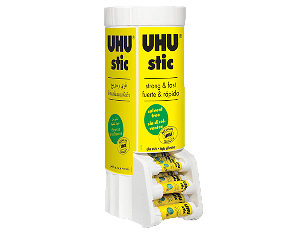 Pegamento uhu barra expositor sobremesa multiformato 8-21-40 gr 530x190x210 mm + 12 uds sin cargo 21 gr