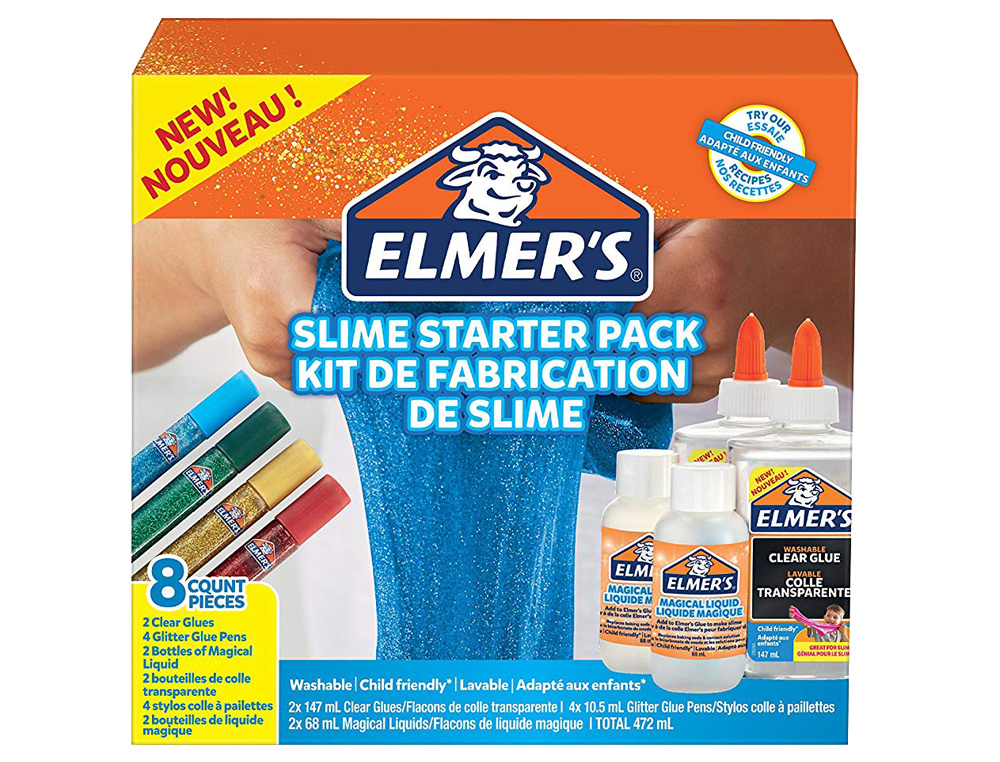 Kit elmers fabricacion slime con 2 botes cola transparente + 2 botes liquido magico + 4 botes purpurina colores