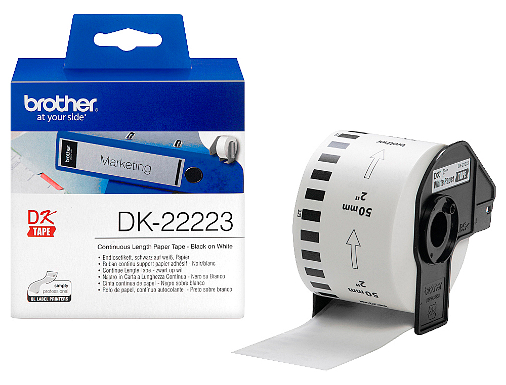 Etiqueta brother dk22223 cinta papel continuo adhesiva removible blanca 50 mm x 30,48 mt