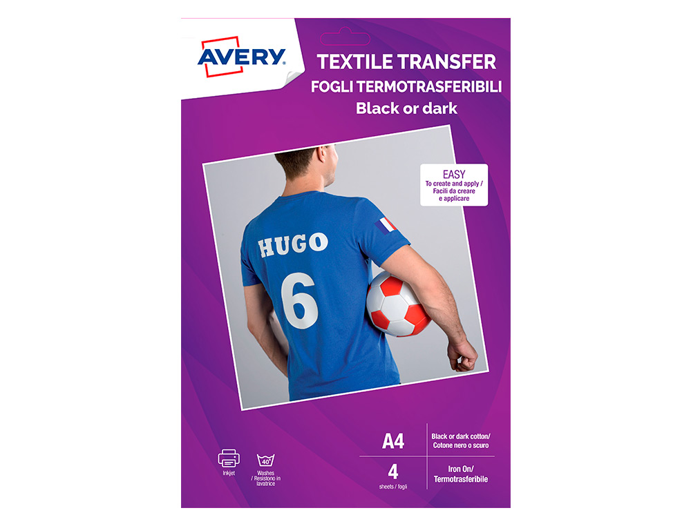 Papel transfer avery para camisetas algodon colores oscuros ink-jet din a4 pack de 4 hojas