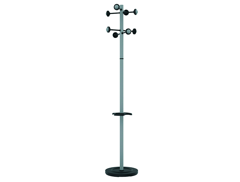 Perchero metalico unilux accueil pie 8 colgadores con paraguero y bandeja goteo gris metalizado 177 x 38 cm