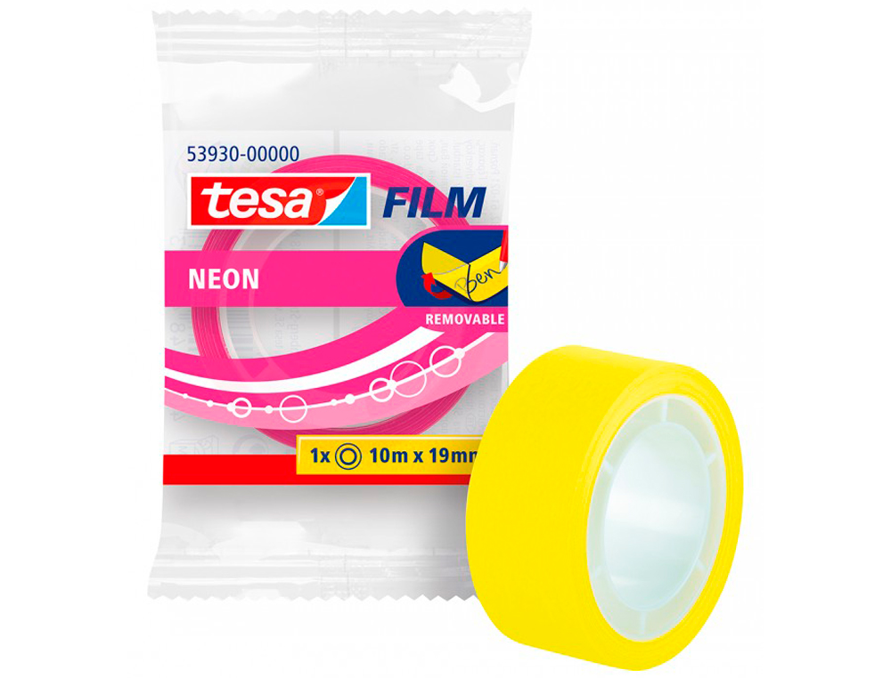 Cinta adhesiva tesa film neon 10 mt x 19 mm amarillo/rosa encelofanada