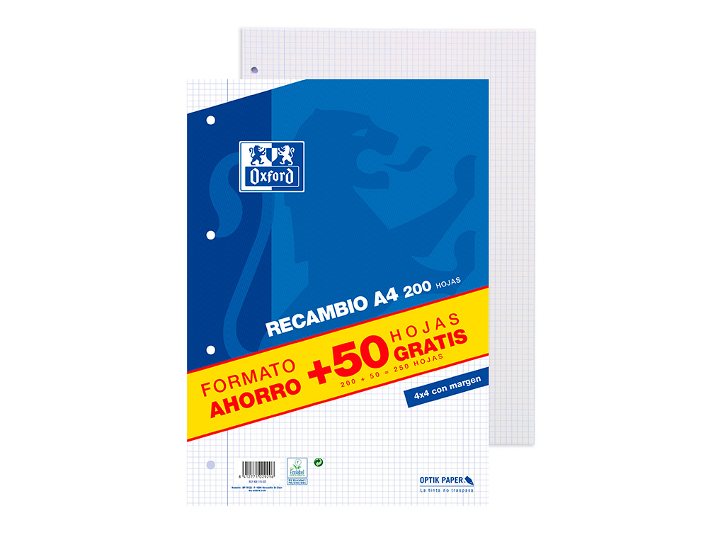 Recambio oxford din a4 200 + 50 hojas gratis cuadro 4 mm con margen