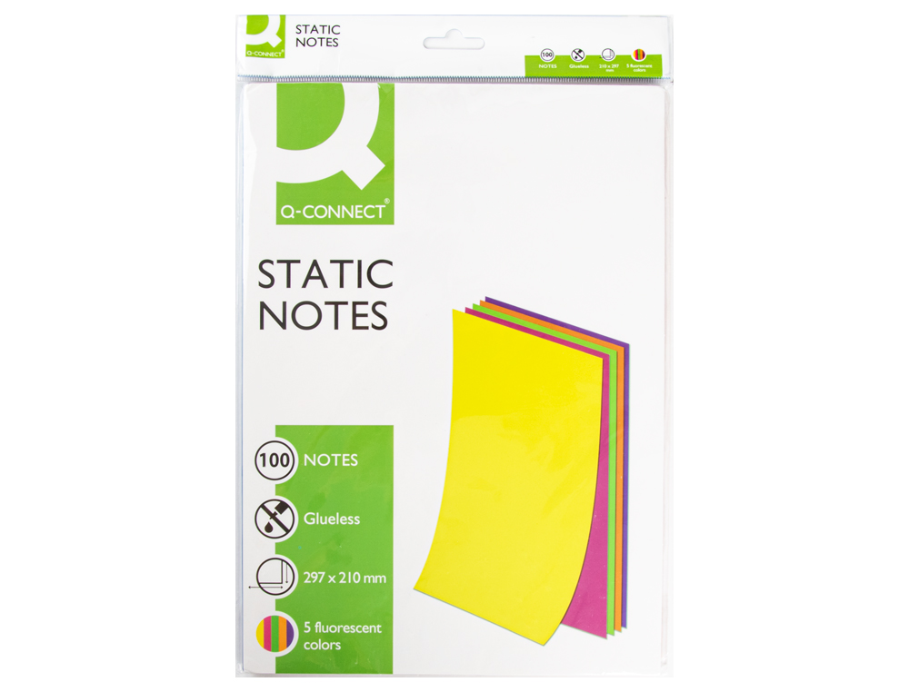 Bloc de notas electrostaticas quita y pon q-connect 210x297mm 100 hojas 5 colores fluorescentes