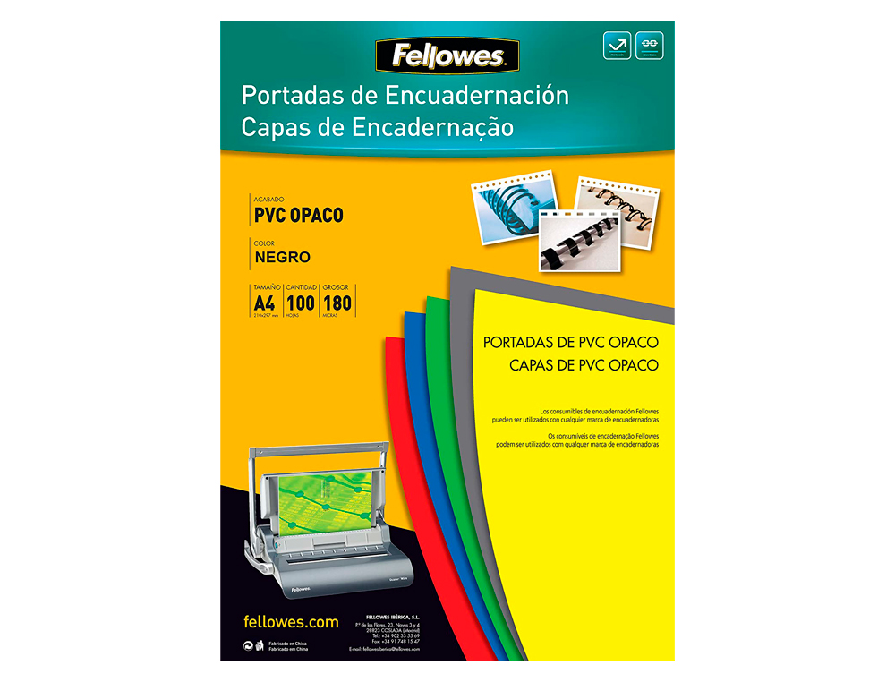 Tapa de encuadernacion fellowes din a4 pvc opaco negro 180 micras pack de 100 unidades