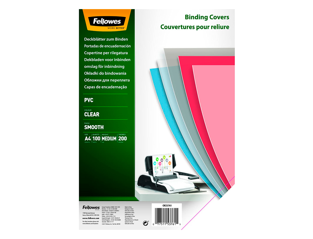 Tapa de encuadernacion fellowes din a4 pvc transparente cristal 200 micras pack de 100 unidades