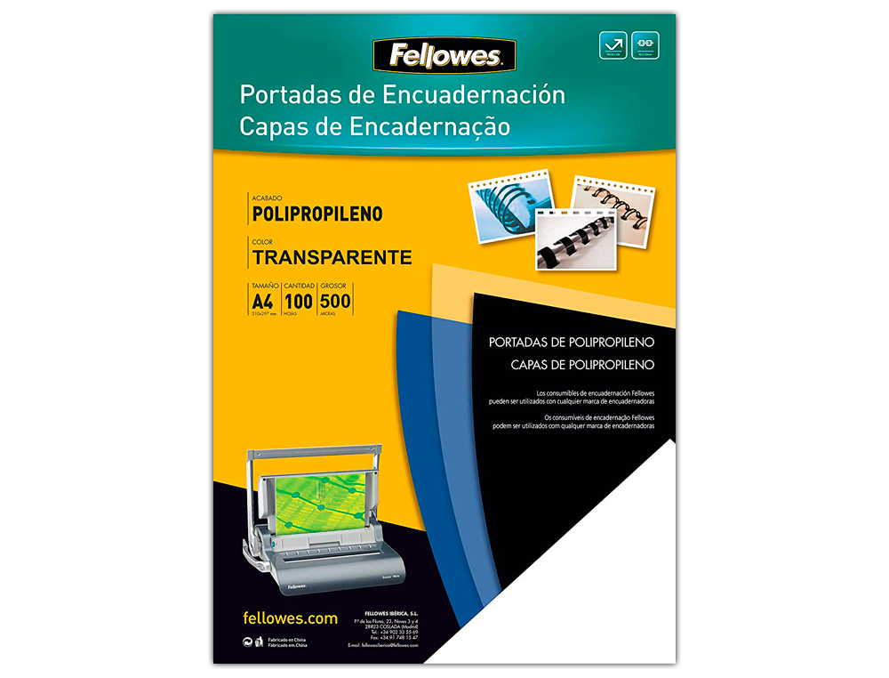 Tapa de encuadernacion fellowes din a4 polipropileno transparente 450 micras pack de 100 unidades