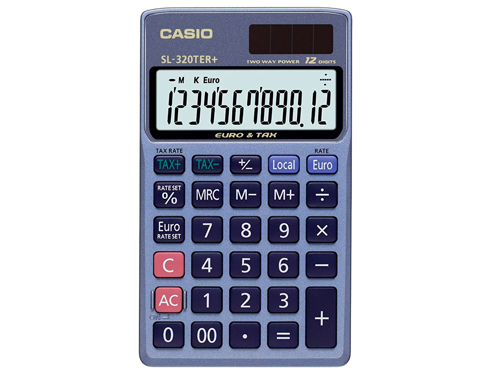 Calculadora casio sl-320ter bolsillo 12 digitos tax +/- conversion moneda tecla doble cero color azul