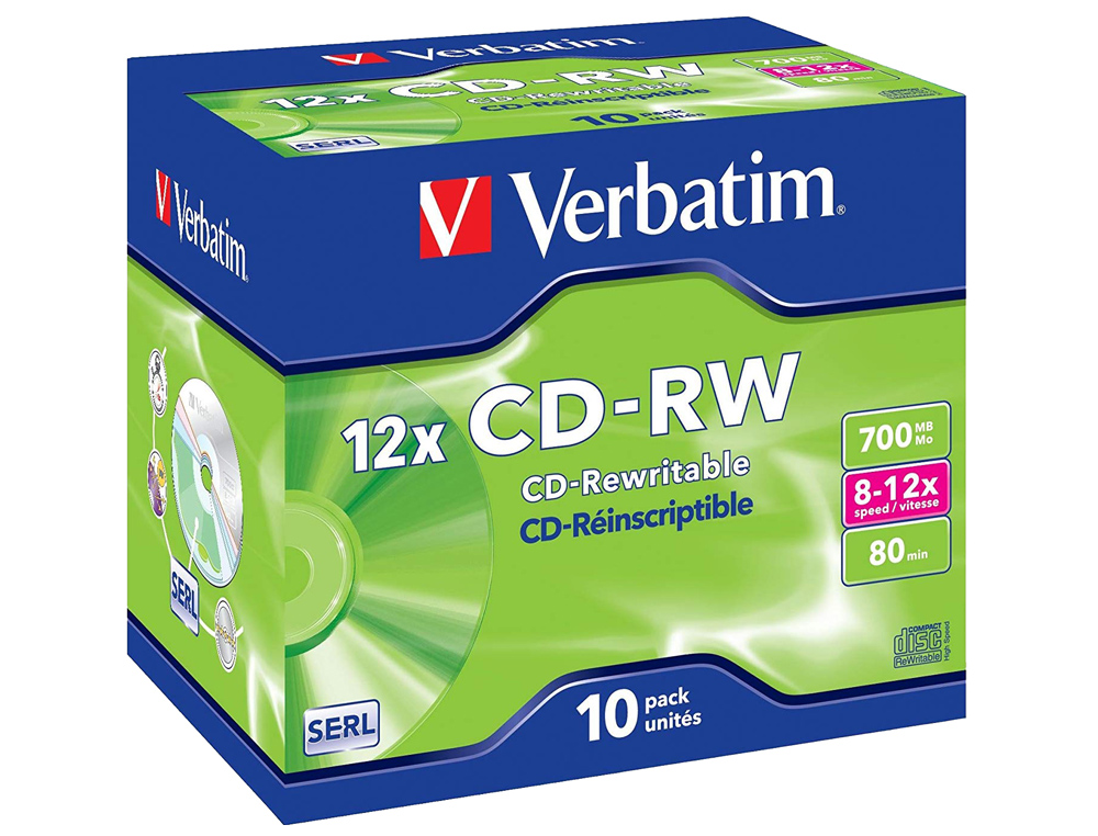 Cd-rw verbatim serl capacidad 700mb velocidad 12x 80 min pack de 10 unidades