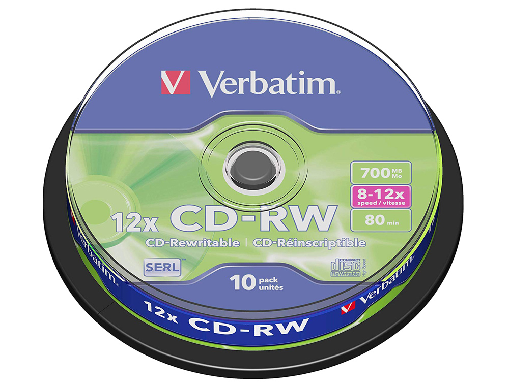 Cd-rw verbatim serl capacidad 700mb velocidad 12x 80 min tarrina de 10 unidades