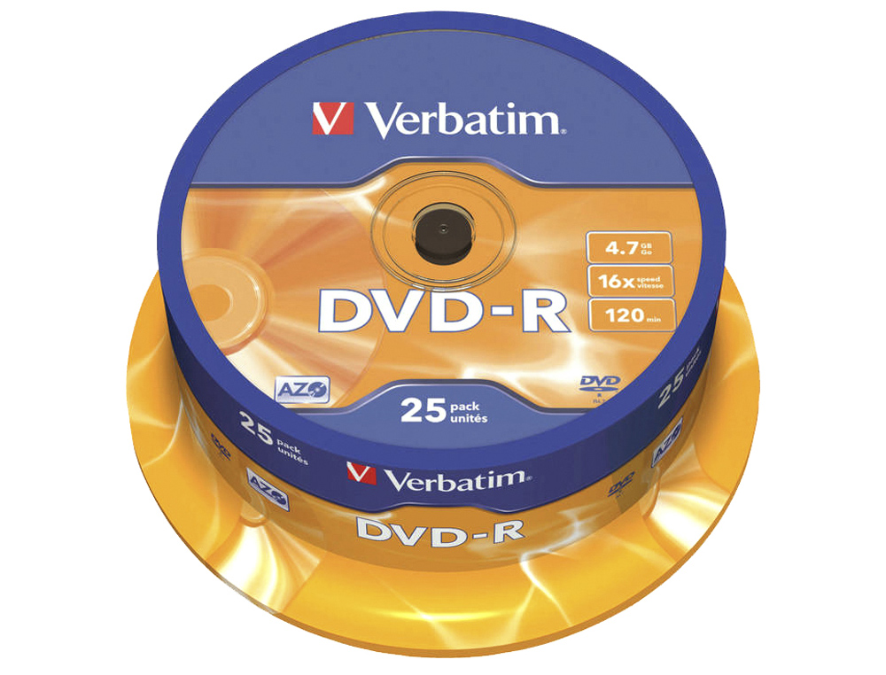 Dvd-r verbatim capacidad 4.7gb velocidad 16x 120 min tarrina de 25 unidades