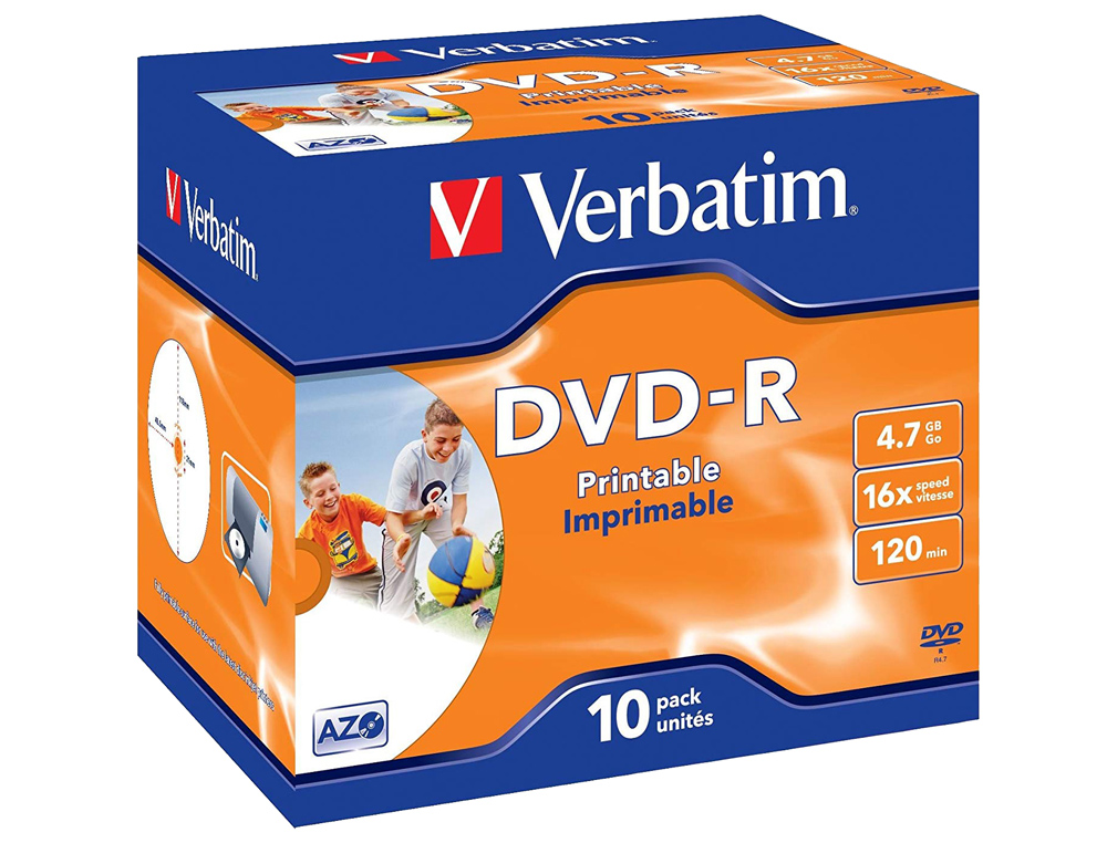 Dvd-r verbatim imprimible capacidad 4.7gb velocidad 16x 120 min pack de 10 unidades