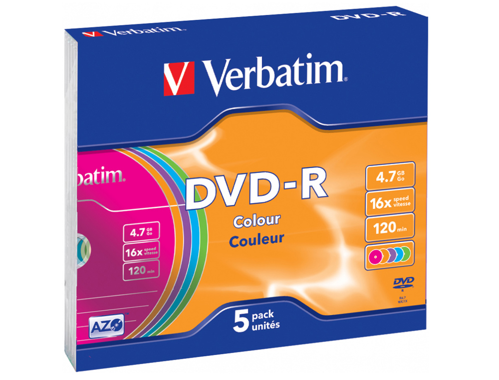 Dvd-r verbatim azo capacidad 4.7gb velocidad 16x 120 min pack de 5 unidades colores surtidos caja slim