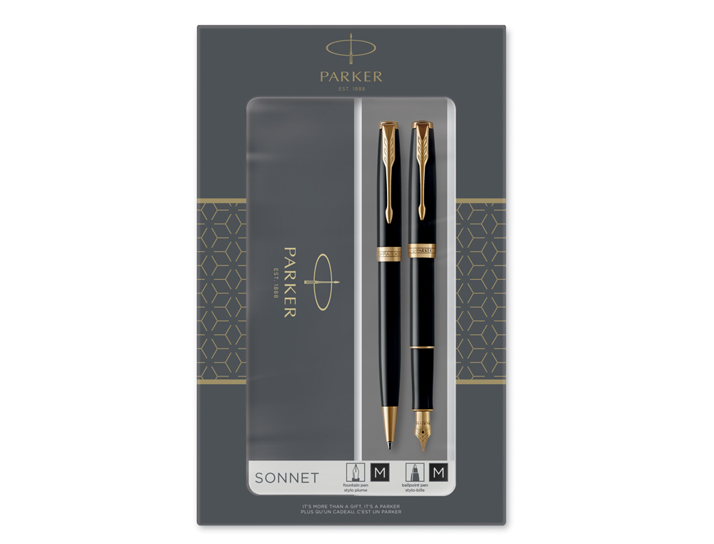 Juego parker duo sonnet laca negra gt boligrafo + pluma con plumin acero inoxidable