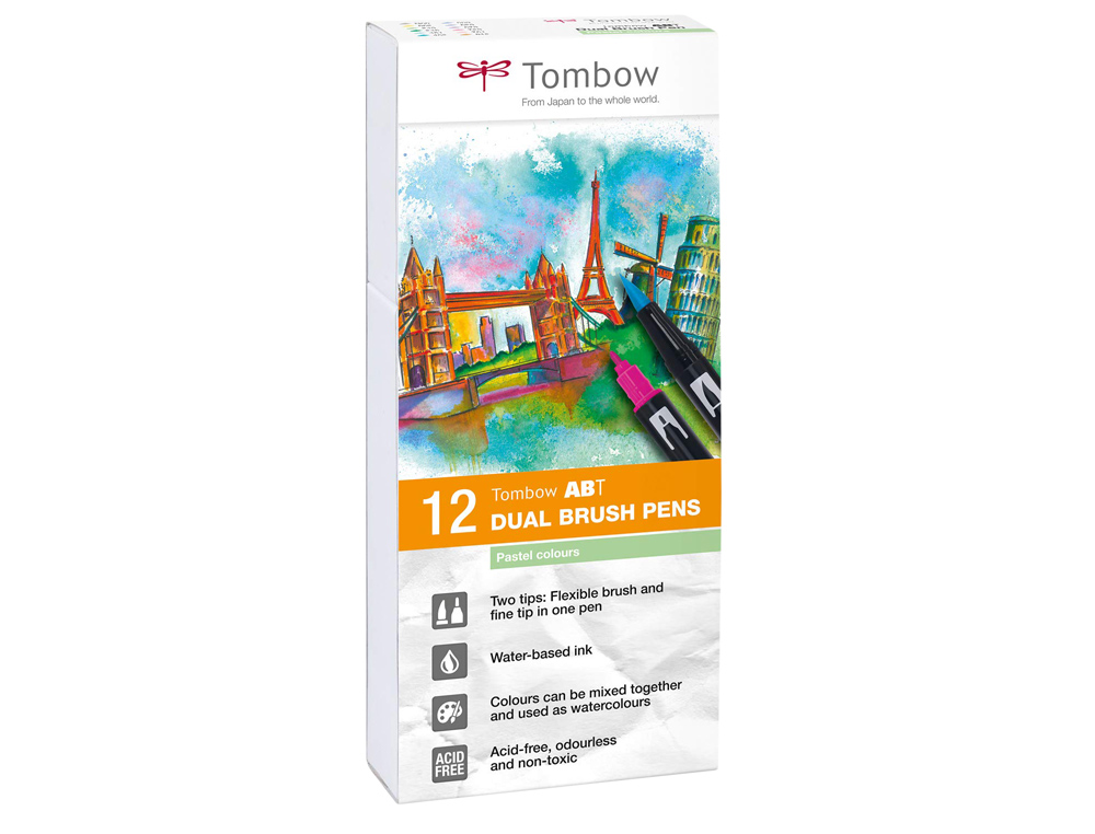 Rotulador tombow acuarelable doble punta pincel colores pastel estuche de 12 unidades colores surtidos