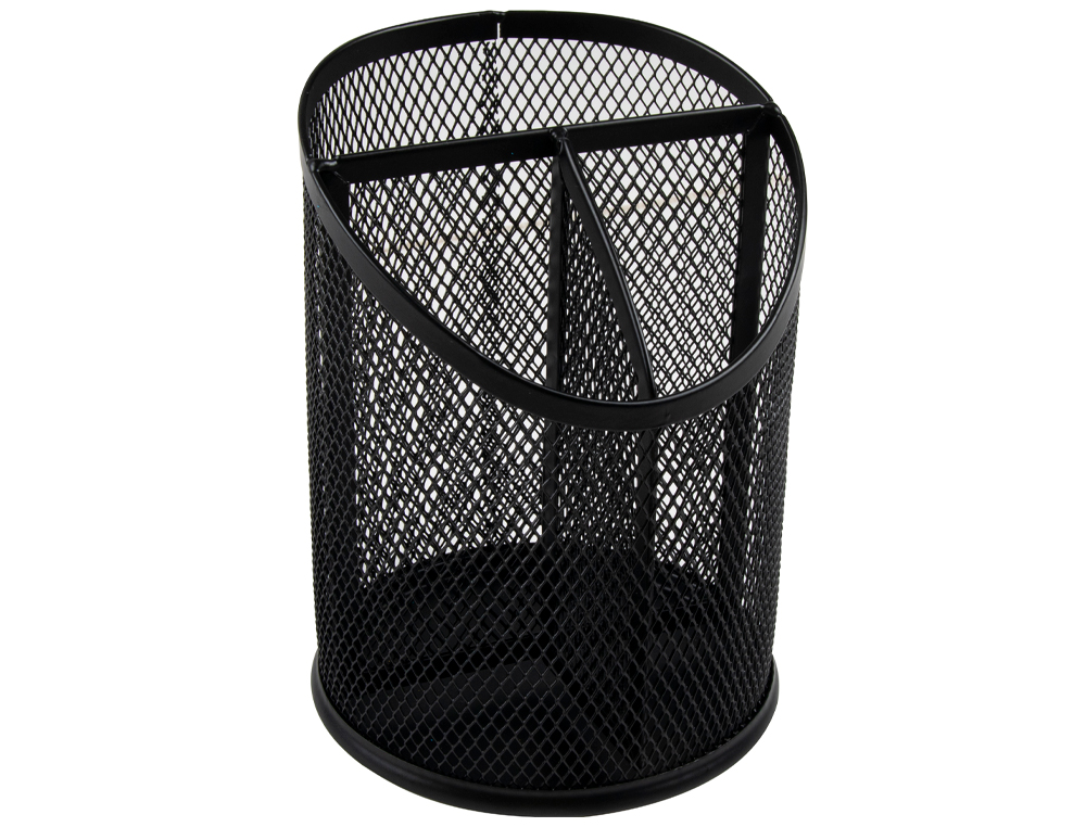 Cubilete portalapices q-connect metal rejilla con 3 compartimientos diametro 110 altura 147 mm negro
