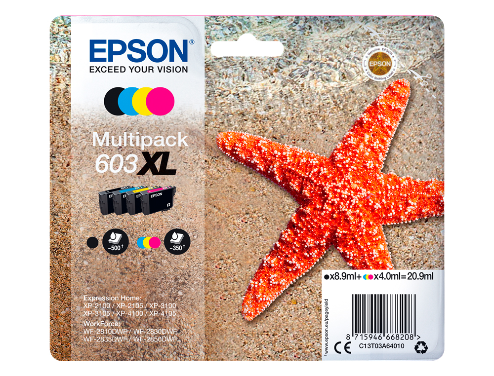 Ink-jet epson 603xl xp-2100 / 2105 / 3100 / 4100 / wf-2810 / 2830 / 2835 / 2850 multipack 4 colores negro