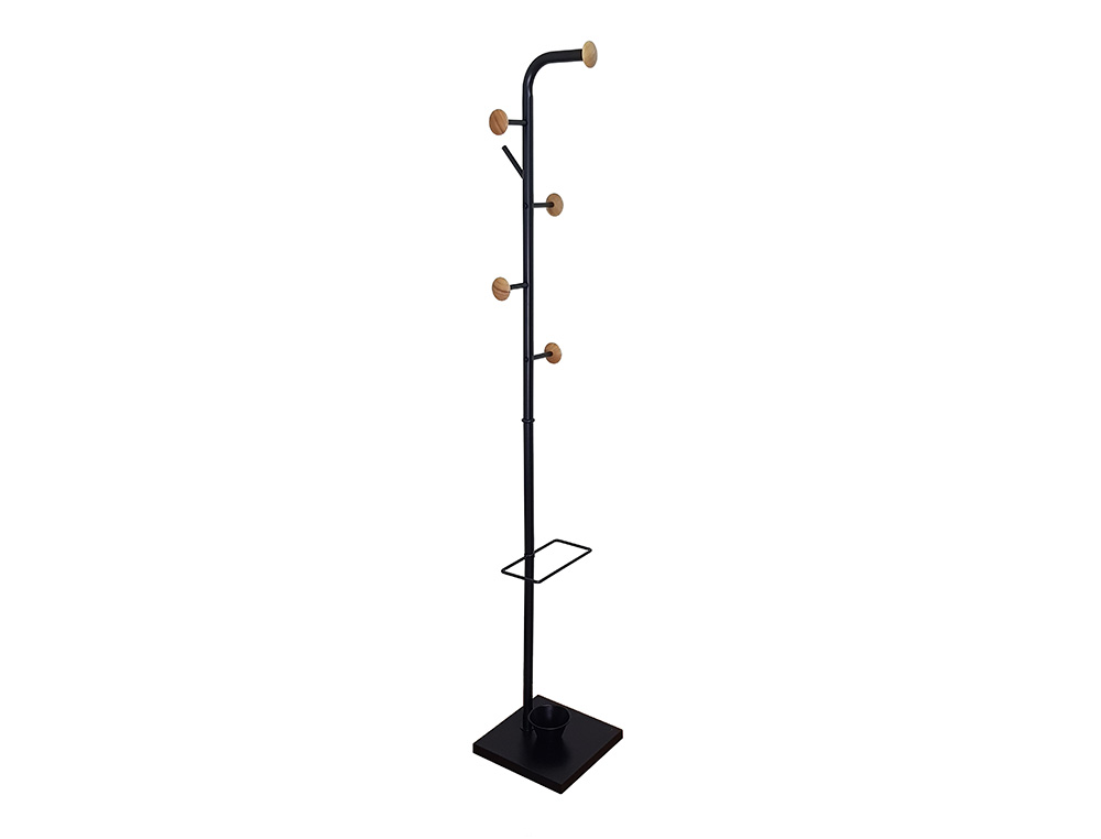 Perchero metalico q-connect negro con detalles de madera 6 colgadores y paraguero 174x28,5 cm