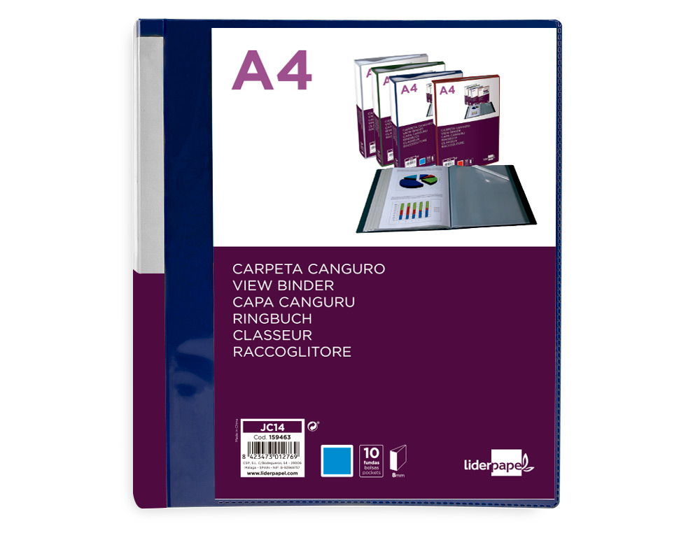 Carpeta liderpapel 10 fundas canguro pp din a4 azul translucido portada y lomo personalizable