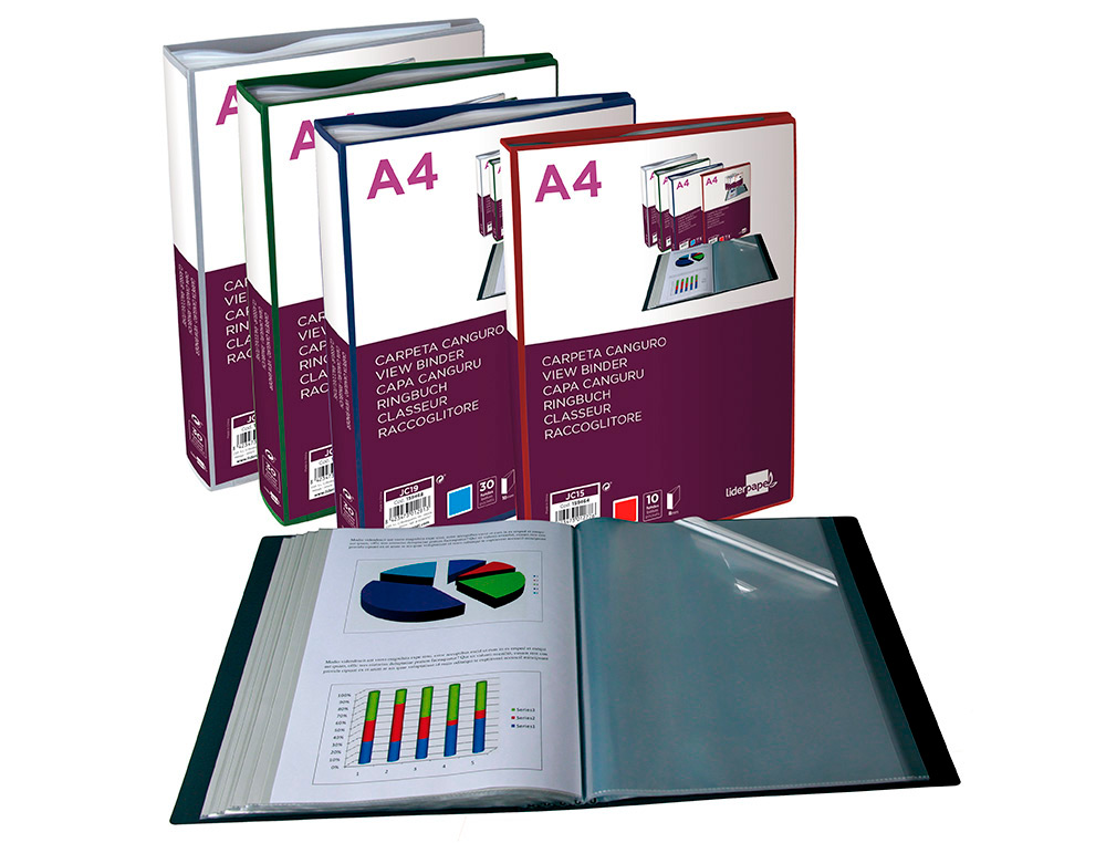 CARPETA LIDERPAPEL 80 FUNDAS CANGURO PP DIN A4 ROJO TRANSLUCIDO PORTADA Y LOMO PERSONALIZABLE