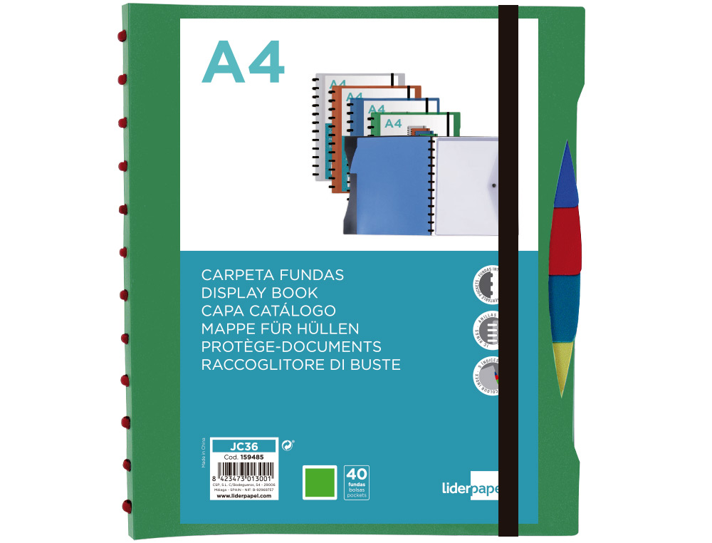 Carpeta liderpapel a4 con 40 fundas intercambiables 5 sep sobre y gomilla portada y lomo personalizable verde