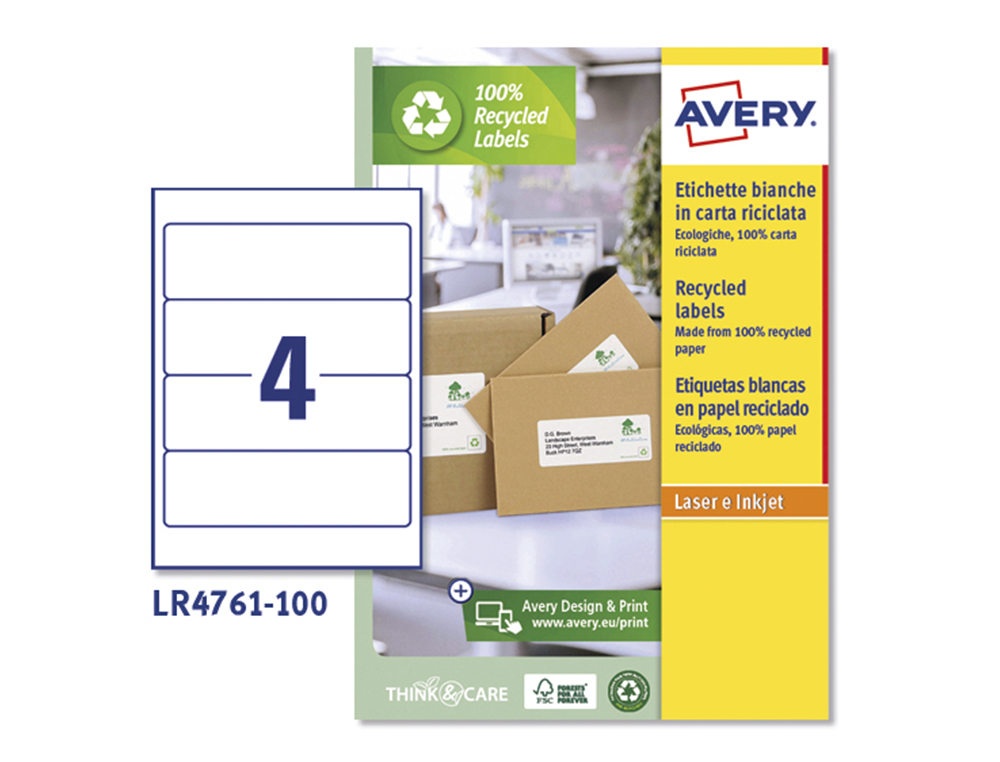 Etiqueta adhesiva avery papel blanco reciclado para archivador 192x61 mm laser pack de 400 etiquetas