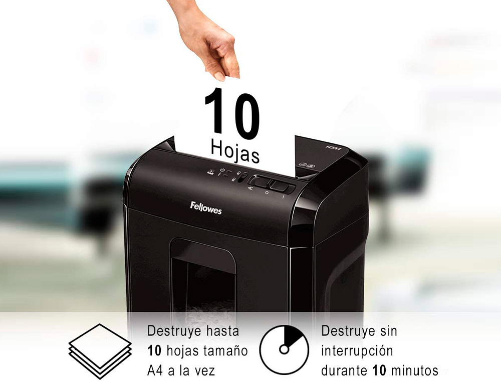 Destructora de documentos fellowes 10m capacidad de corte 10 h seguridad p5 destruye grapas y tarjetas de