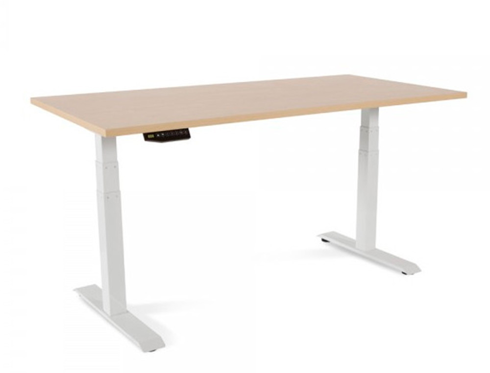 Mesa rocada regulable en altura electricamente hasta 129 cm estructura de acero tablero 180 cm color haya