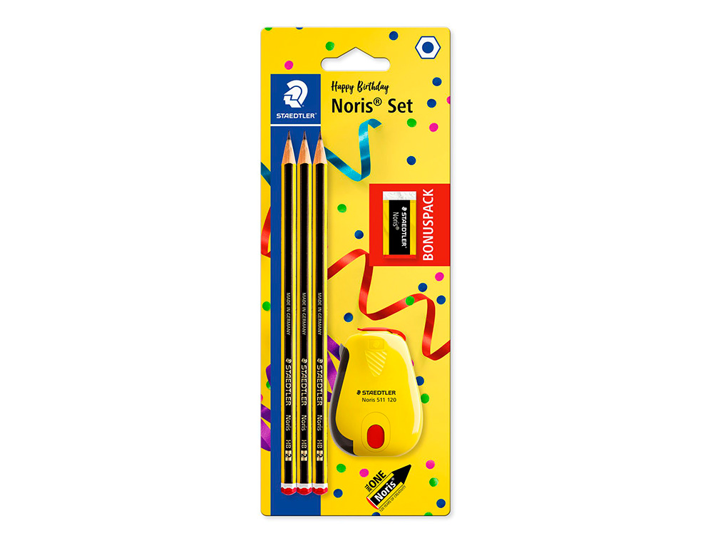 Lapices de grafito staedtler noris n.2 hb blister promocional 120 anivers de 3 uds + afilalapiz con deposito