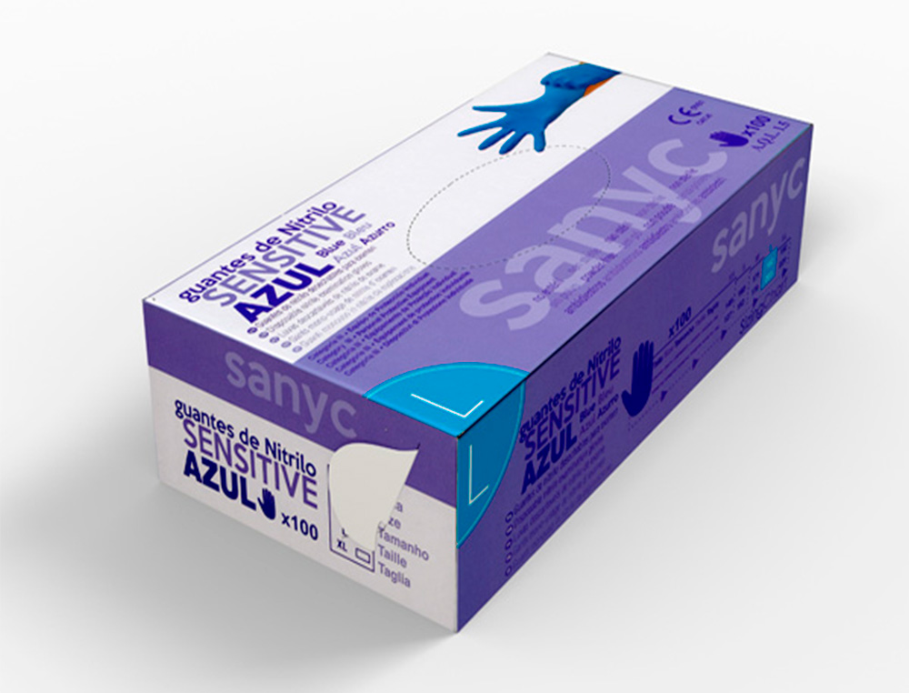 GUANTES DE NITRILO DESECHABLE SENSITIVE SIN POLVO TALLA L GRANDE COLOR AZUL CAJA DE 100 UNIDADES