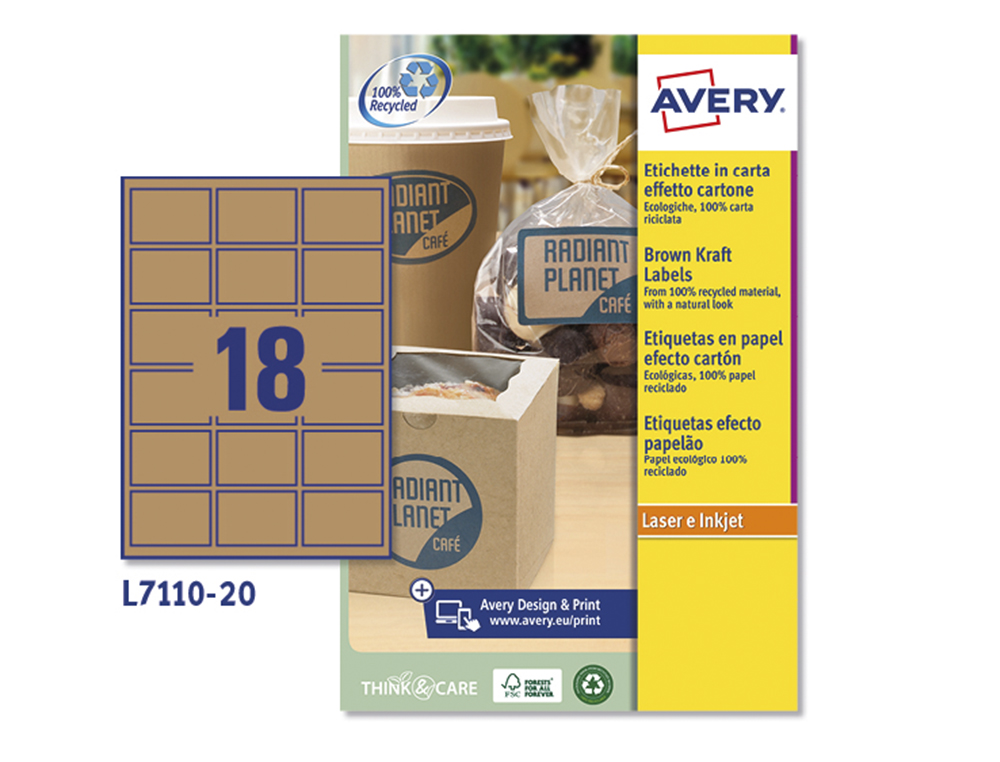 Etiqueta adhesiva avery kraft efecto carton rectangular 62x42 mm removible para laser ink-jet